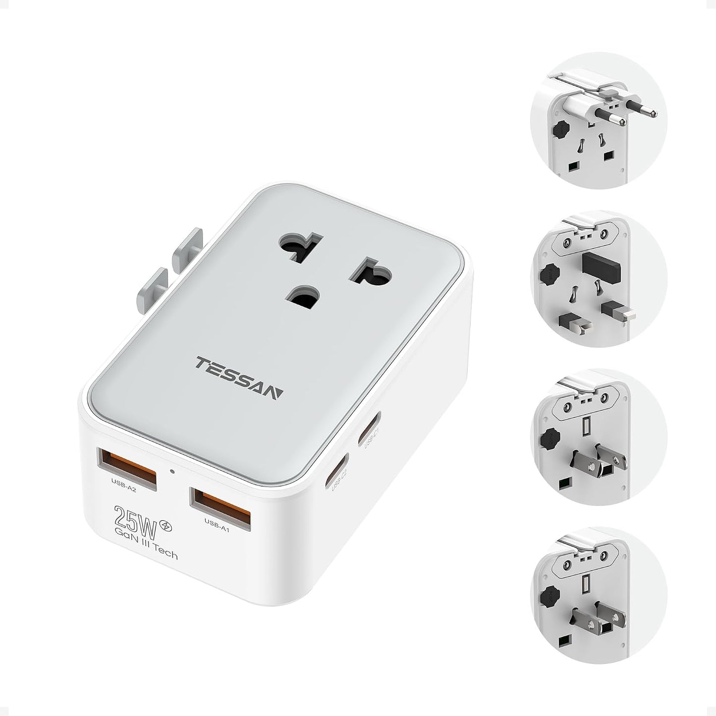 TESSAN Universal Travel Adapter PD 25W, Ultra Thin International adapter | Fast Charger, Worldwide Plug Adaptor 2 USB A 2 USB C for US to European UK Australia Ireland, Type C G A I