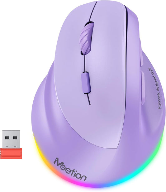 MEETION Left-Handed Wireless Ergonomic Vertical Mouse, Rechargeable -Purple | Dual Bluetooth 5.2/3.0 + USB, RGB lighting, 4 adjustable DPI, compatible with Windows, Mac, PC, iPad and tablets