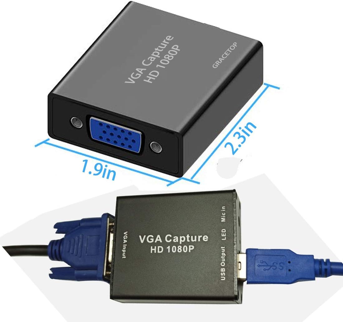 VGA Capture Card, VGA to USB Capture Device with Mic Input Support HD Video for Gaming, Streaming, Teaching, Video Conference, Live Broadcasting