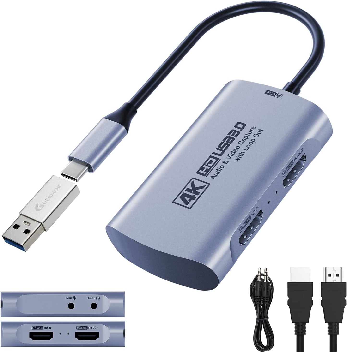 Guermok 4K@60FPS Capture Card for Streaming, 2K@120FPS USB3.0 HDMI Capture | for USBC Camera Video Capture, 4K60 Passthrough, 3.5mm Audio in & Mic Out, Works with Switch 2/1, PS5/4, Xbox, Pad, Mac, PC