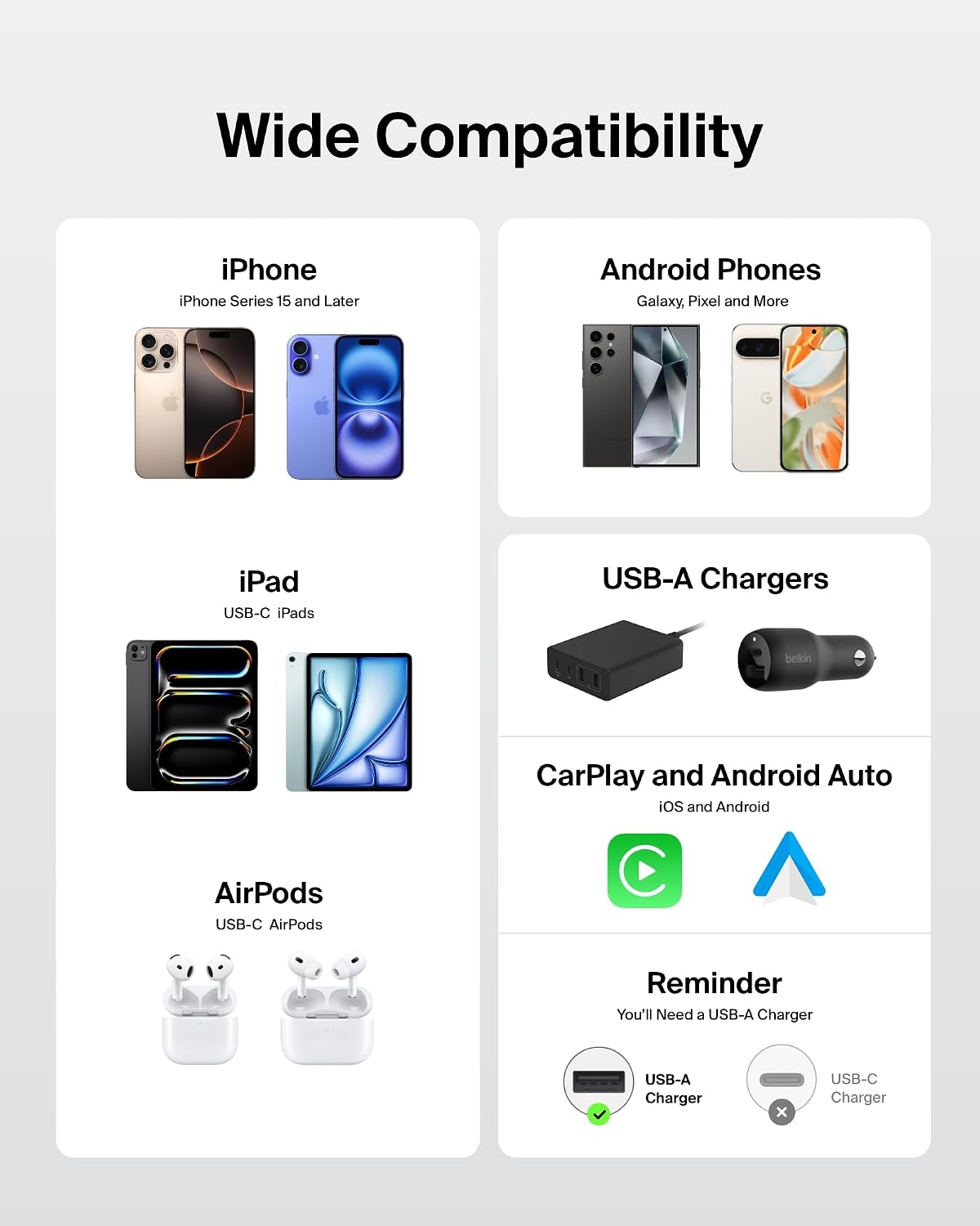 Belkin USB A to USB C 15W Braided Cable 2 Pack, 3.3ft iPhone Charger Cord | iPhone 15/16/17, Samsung Galaxy S26, Pixel 10, Airpods, iPad, Nintendo Switch 2, Steam Deck, Travel, Carplay, Car Charger