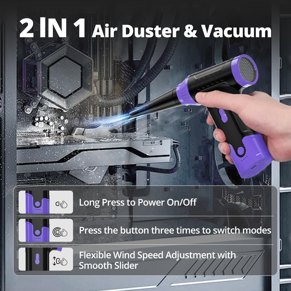 Compressed Air Duster Keyboard Cleaner, Electric Air Blower (Purple) | Cleaning Kit 150,000 RPM Mini Duster Spray for Dusting PC, Car, and Vacuum