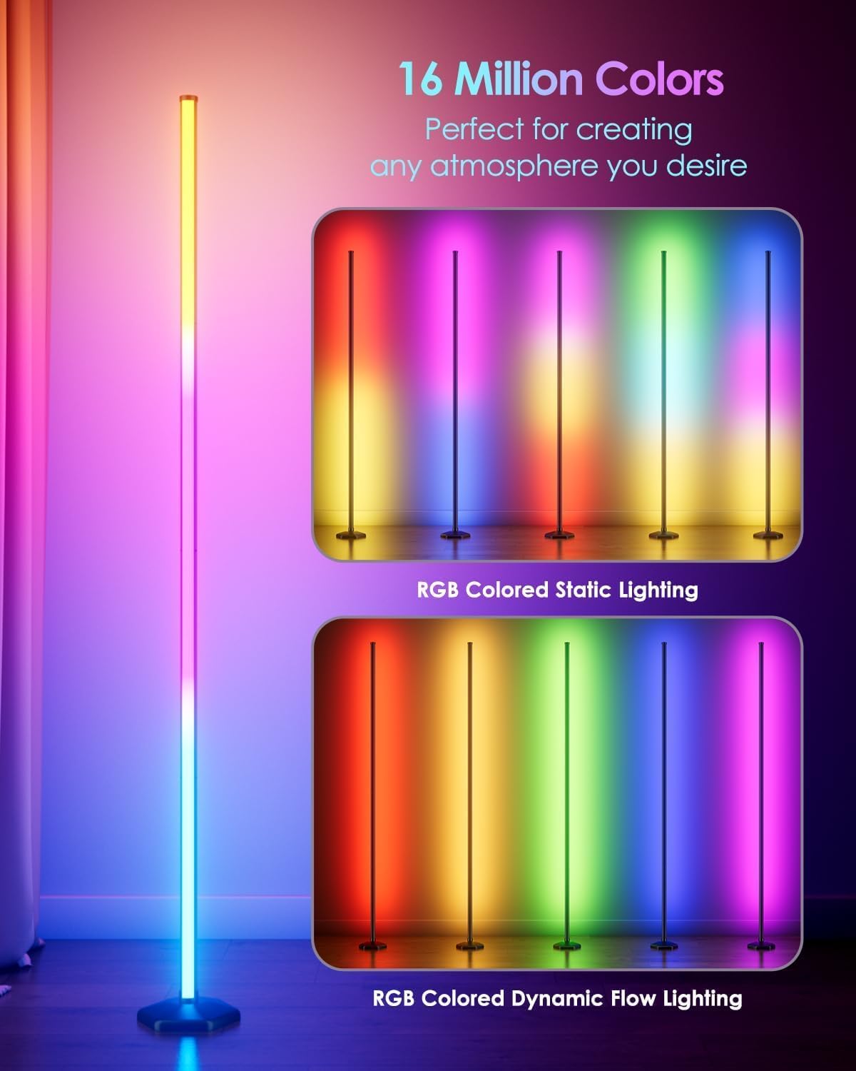Corner Floor Lamp, 2 Pack RGB Corner Lamp with App/Remote/Button Control, Smart LED Floor Lamp with 16 Million DIY Colors & 68+ Scene, Music Sync for Living Room, Bedroom, Gaming Room (2, 57 Inch)