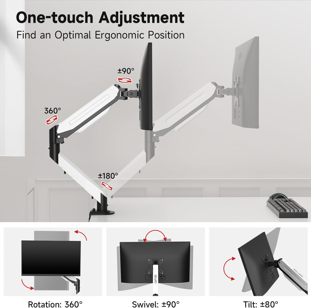 Suptek Monitor Mount Gas Spring Monitor Arm Desk Mount Fully Adjustable Fits 17 20 22 23 24 26 27 32 35 inch Monitors Weight Capacity up to 24.25 lbs (Black+White, 17"-35")