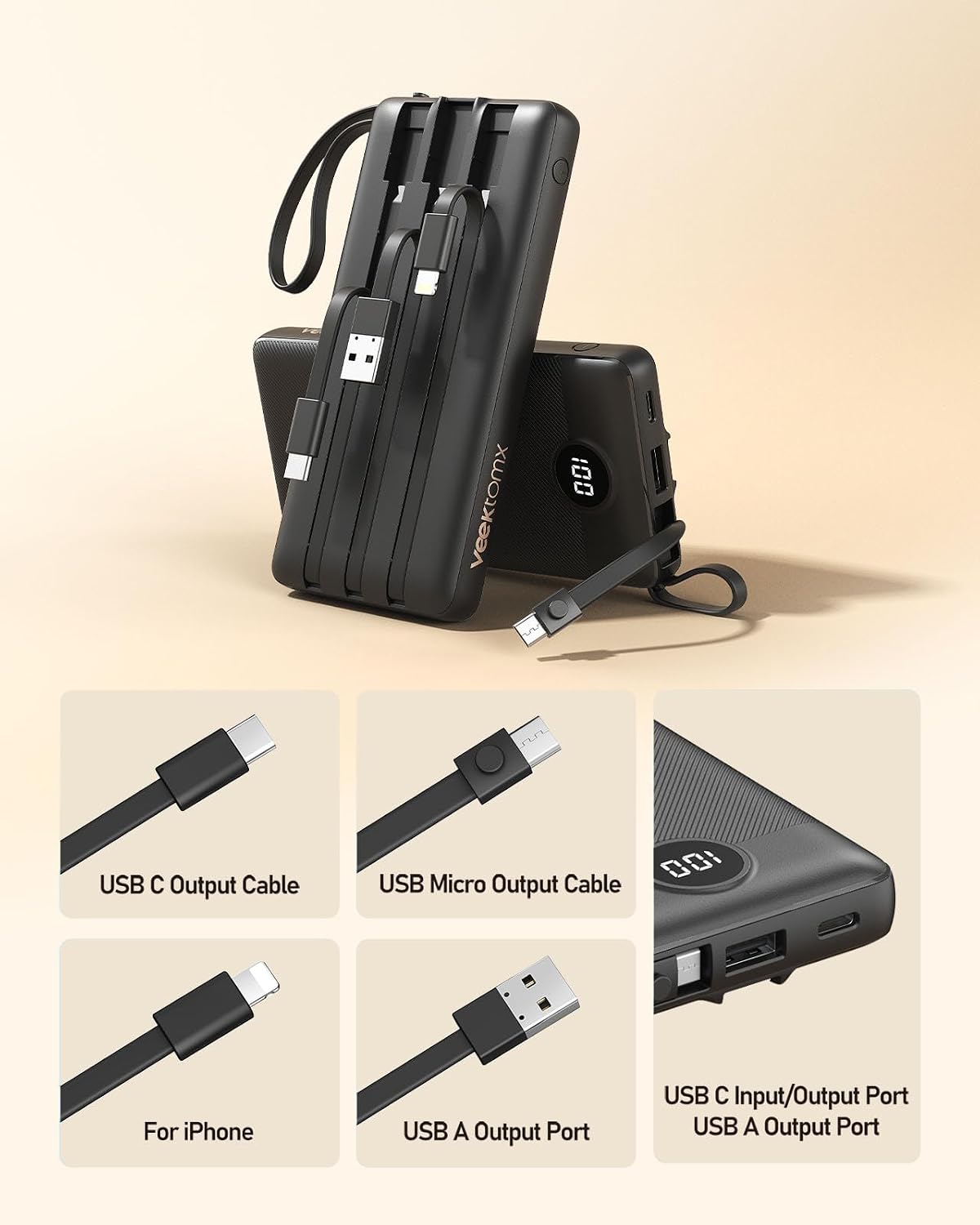 VEEKTOMX 10000mAh Portable Charger with 4 Built-in Cables | Slim Power Bank, USB-C Battery Pack with iPhone & Micro USB, TSA Approved Travel Charger for iPhone, Samsung, Android, Black