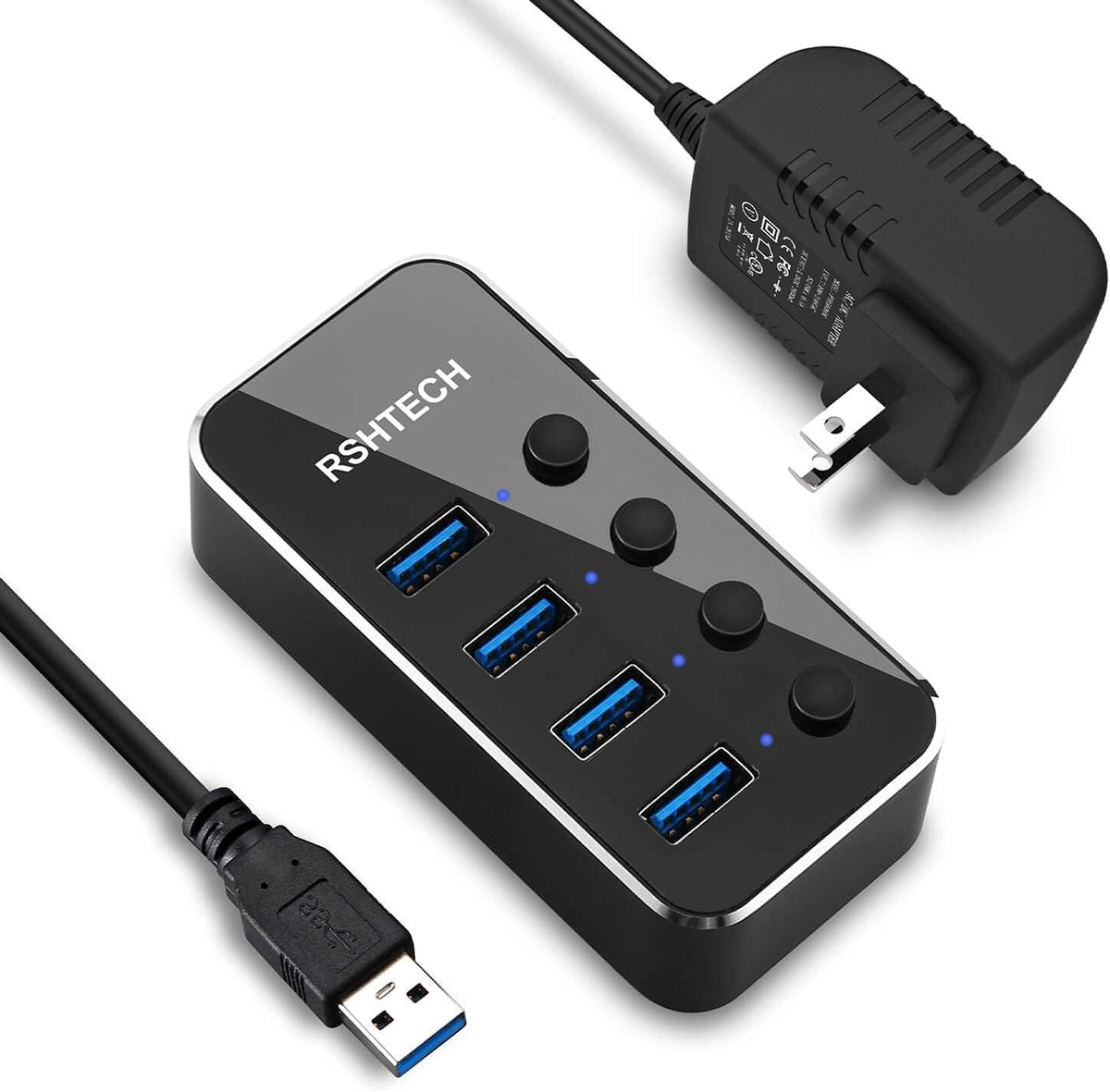 RSHTECH 7-Port Powered USB 3.2/USB C Hub with 10Gbps USB-A 3.2, 2 USB-C 3.2, 4 USB 3.0 Ports, Individual Touch Switches, 3.3ft Cable and 5V Power Adapter, USB Hub Splitter for Laptop/PC, RSH-ST07C