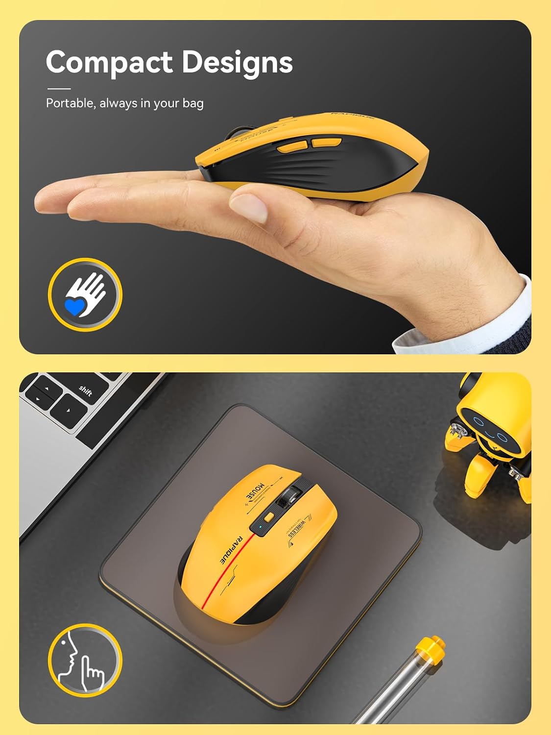 RAPIQUE Bluetooth Wireless Mouse - (BT1/BT2+USB Receiver) Tri-Device Compatibility for PC, Laptop, Computer, MacBook, Tablet (Black and Yellow)