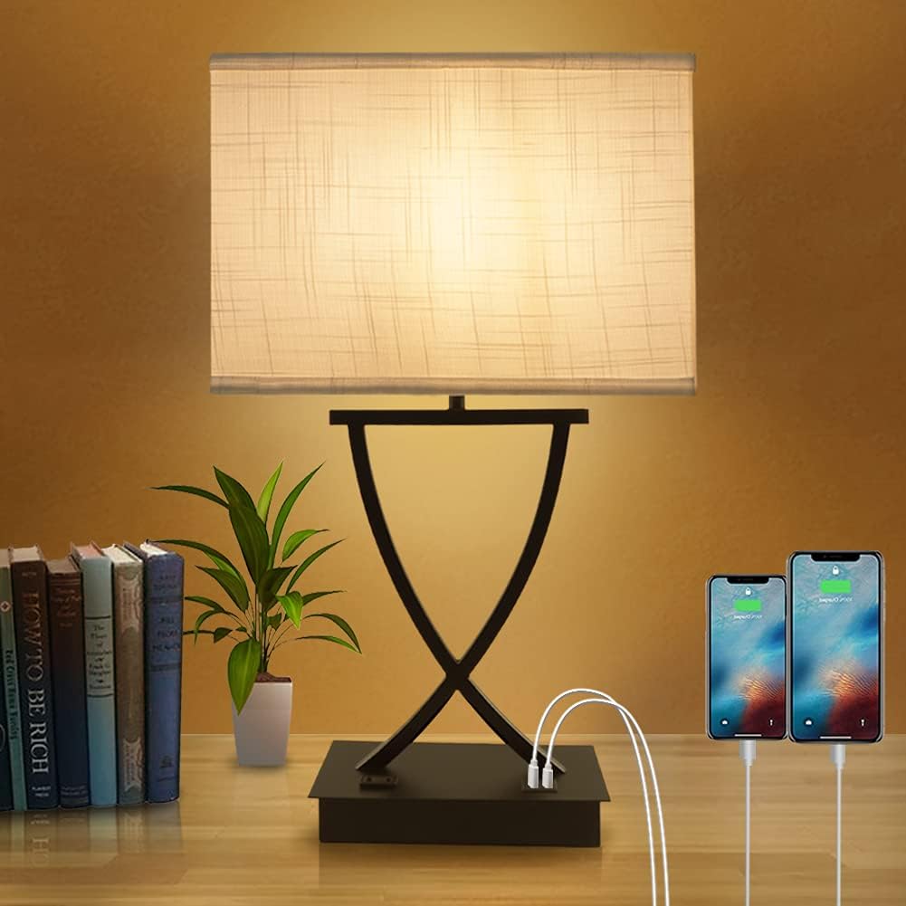 OYedis Fully Dimmable Medium Table Lamp for Bedroom with Type C/USB Charging Port and 1 AC Outlet White Shade 21.38" Bedside Nightstand Lamp for Living Room Office and Hotel Bulb Included