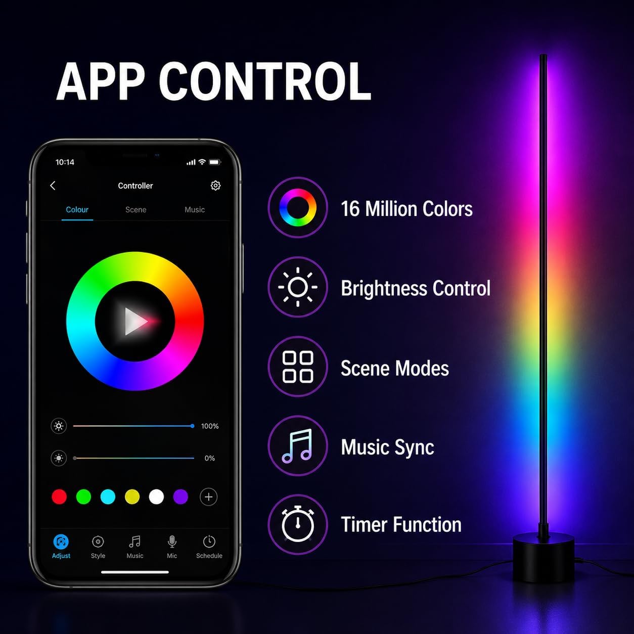 RGB Corner Floor Lamp for Gaming Room, APP Control