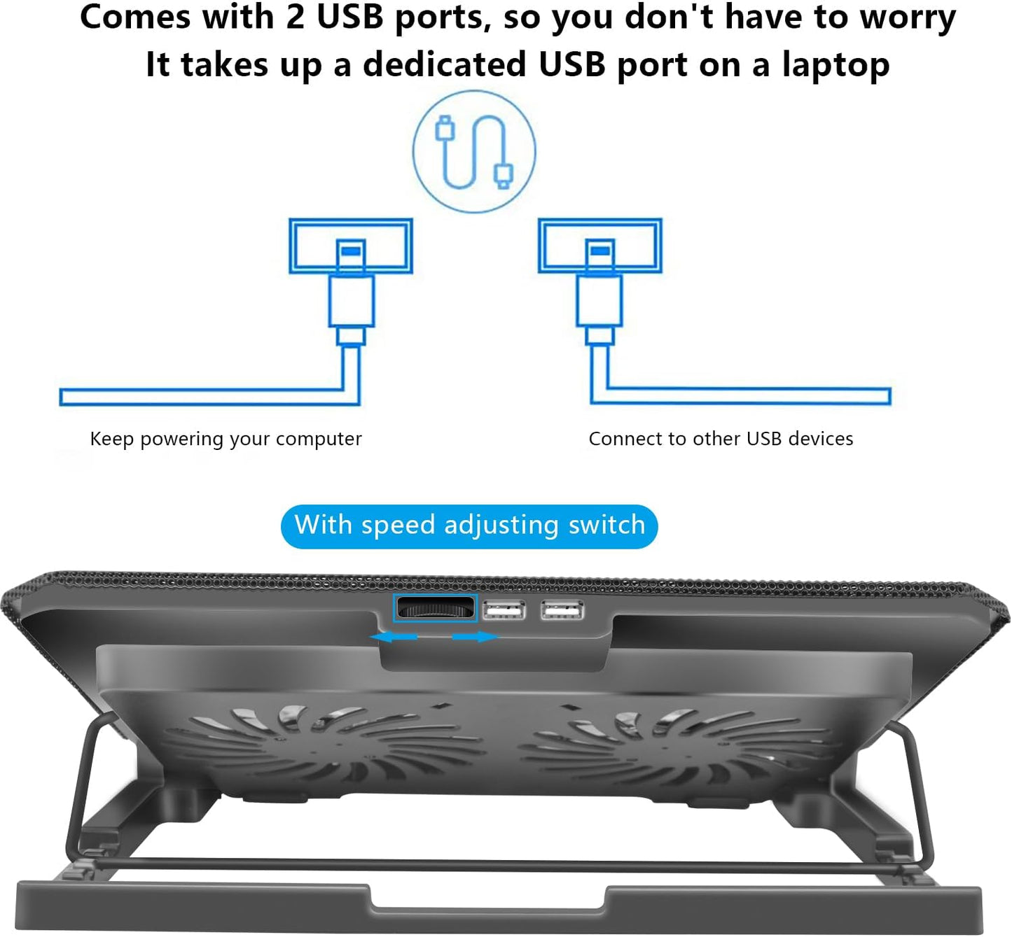 Laptop Cooling Pad, Cooler Pad Chill Mat 2 Quiet Fans LED Lights and 2 USB Ports 5 Height & with Adjustable Speed Mounts Metal Mesh Design, for 9"-17" Laptops（Black）