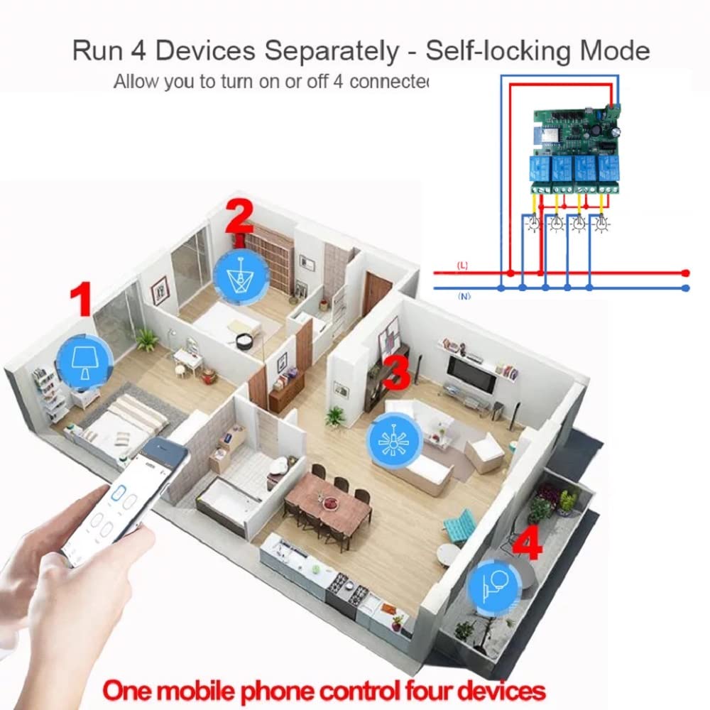 4 Channel Smart WiFi RF Bluetooth Wireless Dry Contact Relay Switch Module,Phone app Remote Control,Compatible with Alexa Google Home (Tuya 4CH 5V AC/DC7-32V)