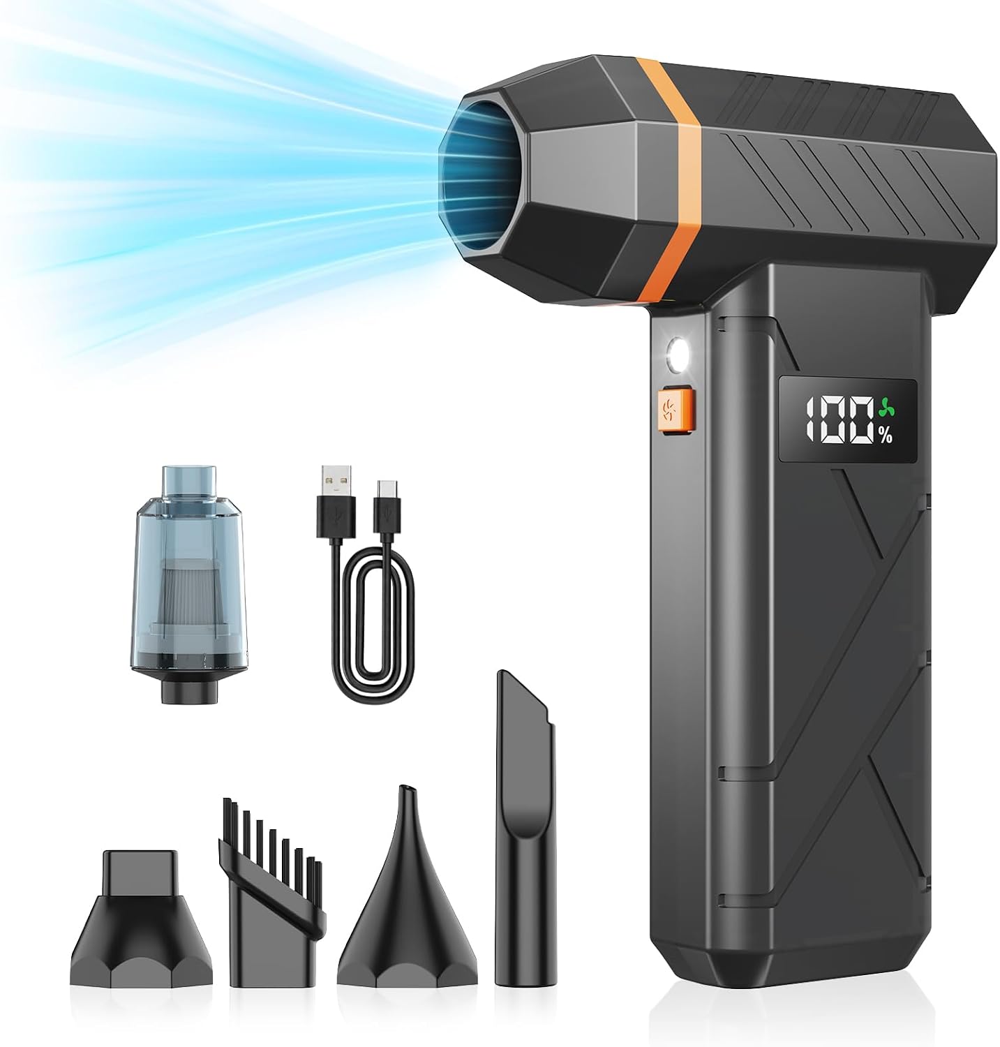 Dzaki Compressed Air Duster & Vacuum 2-in-1, 140000RPM Electric Air Duster, 4-Gear Adjustable Rechargeable Cordless Dust Blower with LED Light Fast Charging for Keyboard PC Car Home Outdoor-Orange