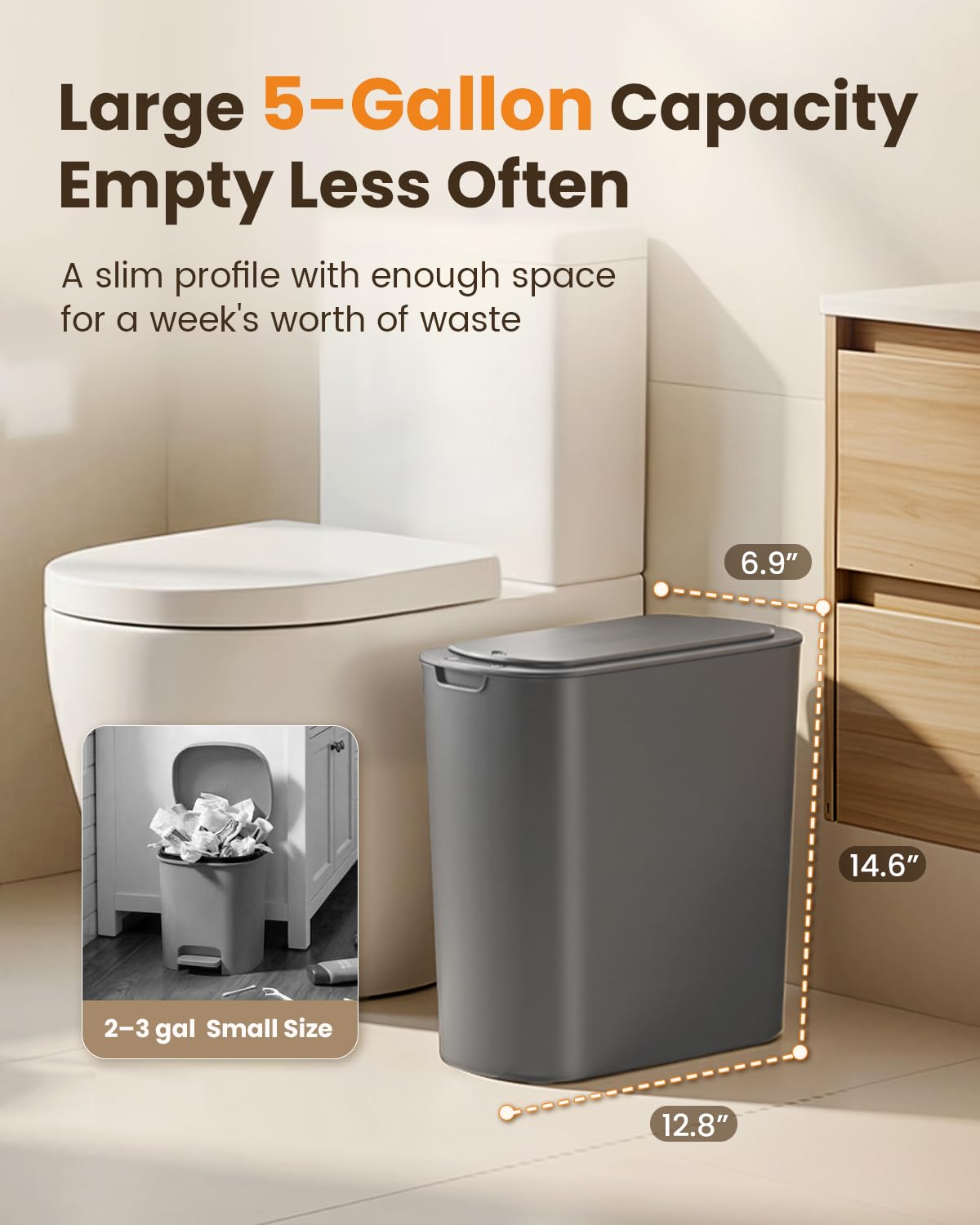 Cesun 5 Gallon Automatic Bathroom Trash Can with Lid, Grey, Touchless