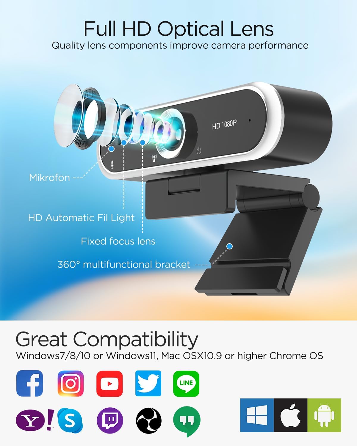 Webcam 1080P with Microphone & Privacy Cover for PC/Laptop, USB Computer Camera Plug & Play with Auto Light Correction for Video Calls, Live Streaming Gaming & Online Meetings