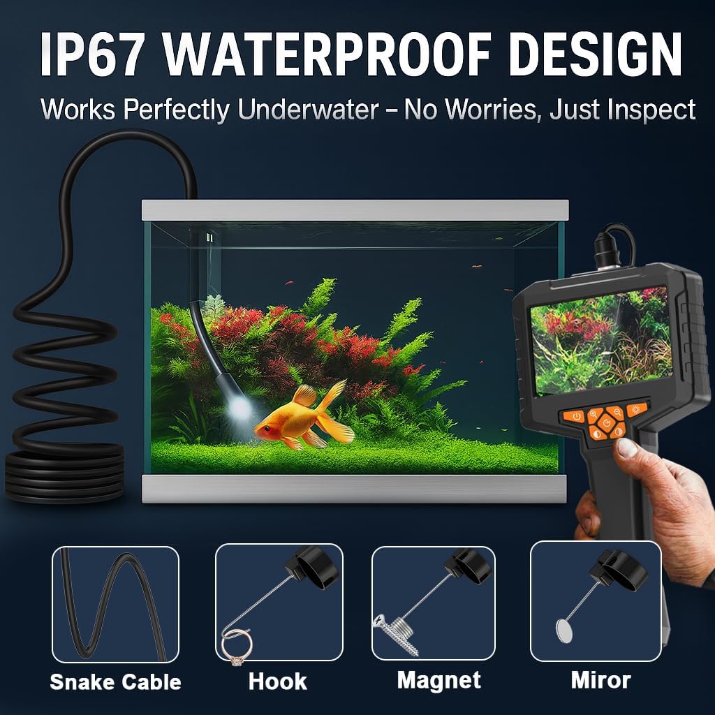 Inspection Endoscope, Industrial Borescope Camera with 4.3" IPS Screen, 1920P HD Snake Camera with 8 LED Lights, 16.5FT Semi-Rigid Cord Bore Scope - Cool Gadgets Tool
