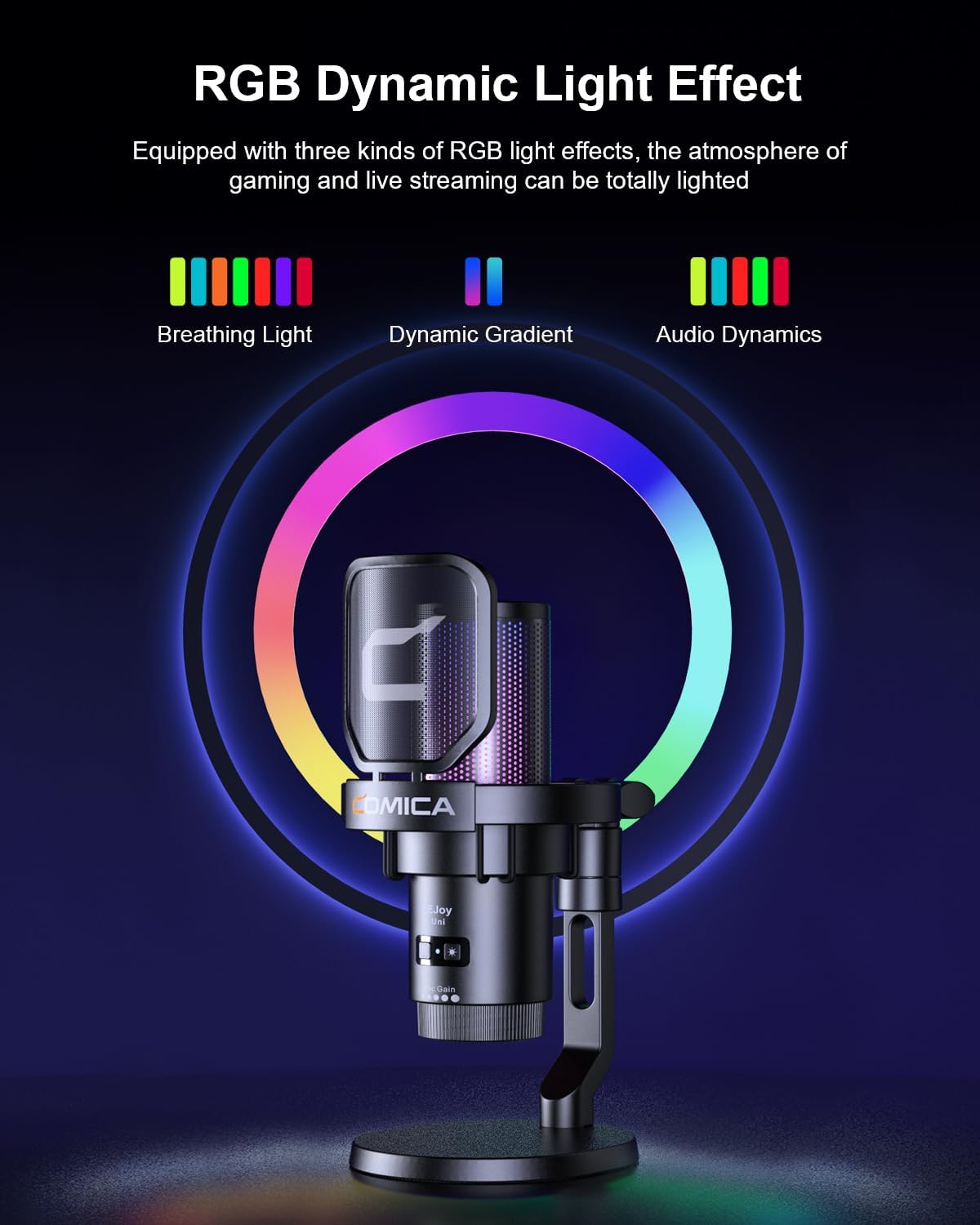 COMICA Ejoy Uni(D) USB Gaming Microphone with Noise Reduction, RGB Lights | 48kHz/24bit Sound Quality, Shock Mount, One-Key Mute, Streaming PC Mic for PS5, PS4, Podcast, Chat, Twitch, YouTube, Discord