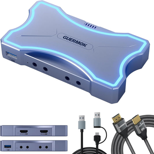 Guermok 4K@60Hz/ 2K@120Hz HDMI Video Capture Card with Touch LED, USB 3.0 | HDMI In/Loop-Out, Mic/Line In, 4K60 Passthrough, Live Game Capture for OBS Video Streaming, PS5/4, Xbox and Switch2/1 Gaming