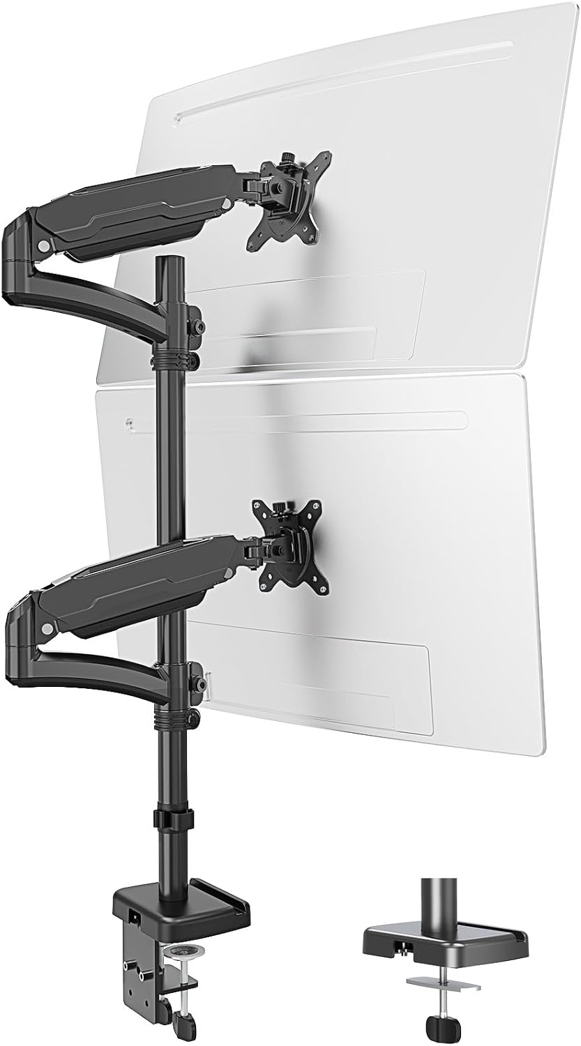MOUNT PRO Vertical Dual Monitor Mount, Stacked Monitor Stand for 2 Computer Screens up to 32 inches, Full Motion Adjustable Tall Display Desk Mount, Each Arm Holds up to 17.6lbs, VESA Mount