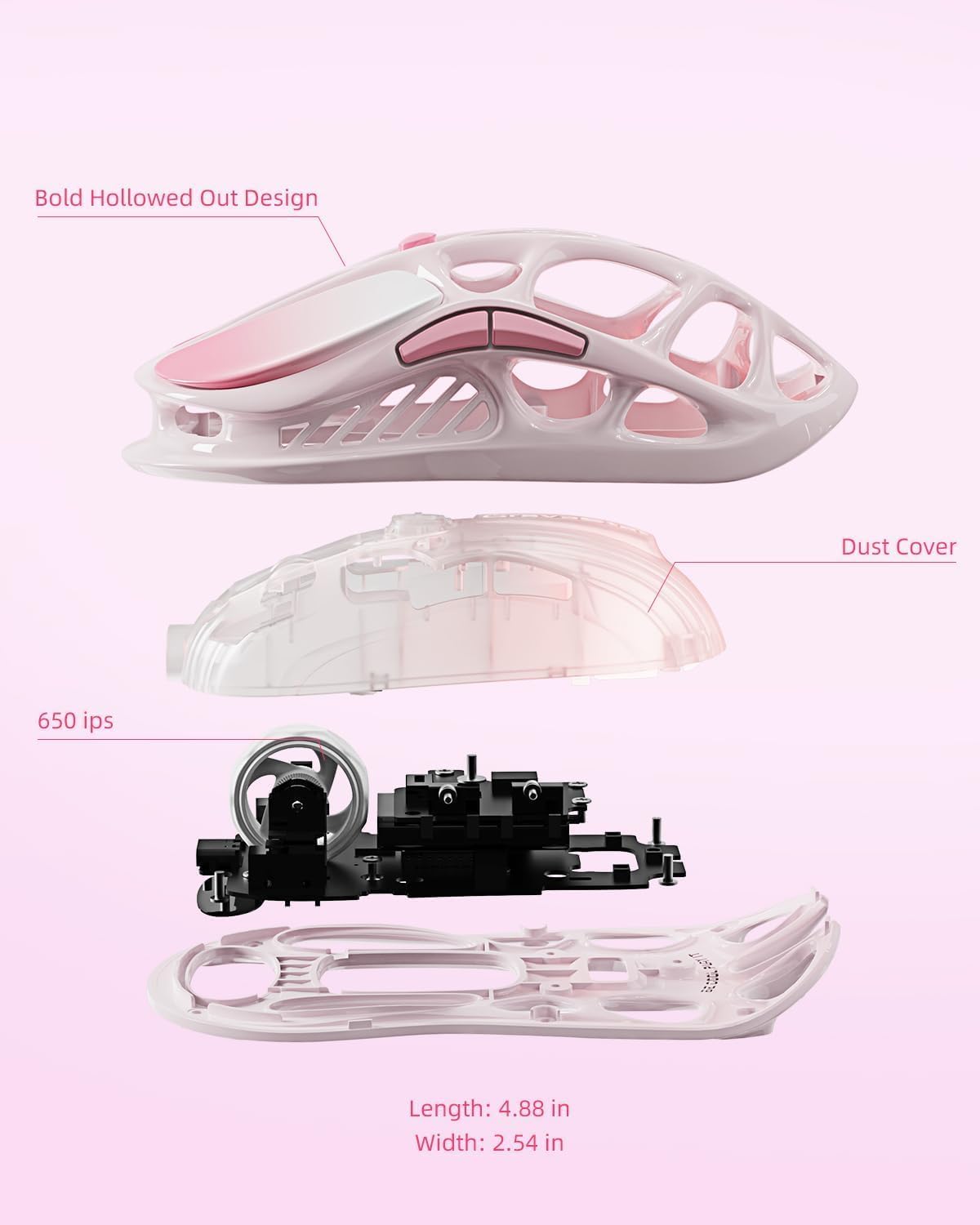 GravaStar Mercury M1 Pro Wireless Gaming Mouse, Lightweight Magnesium Alloy, 26,000 DPI, PAW3395DM Sensor, 5 Programmable Buttons, Support Wired/2.4GHz/BT, Up to 200 Hours Battery Life (Gradient Pink)