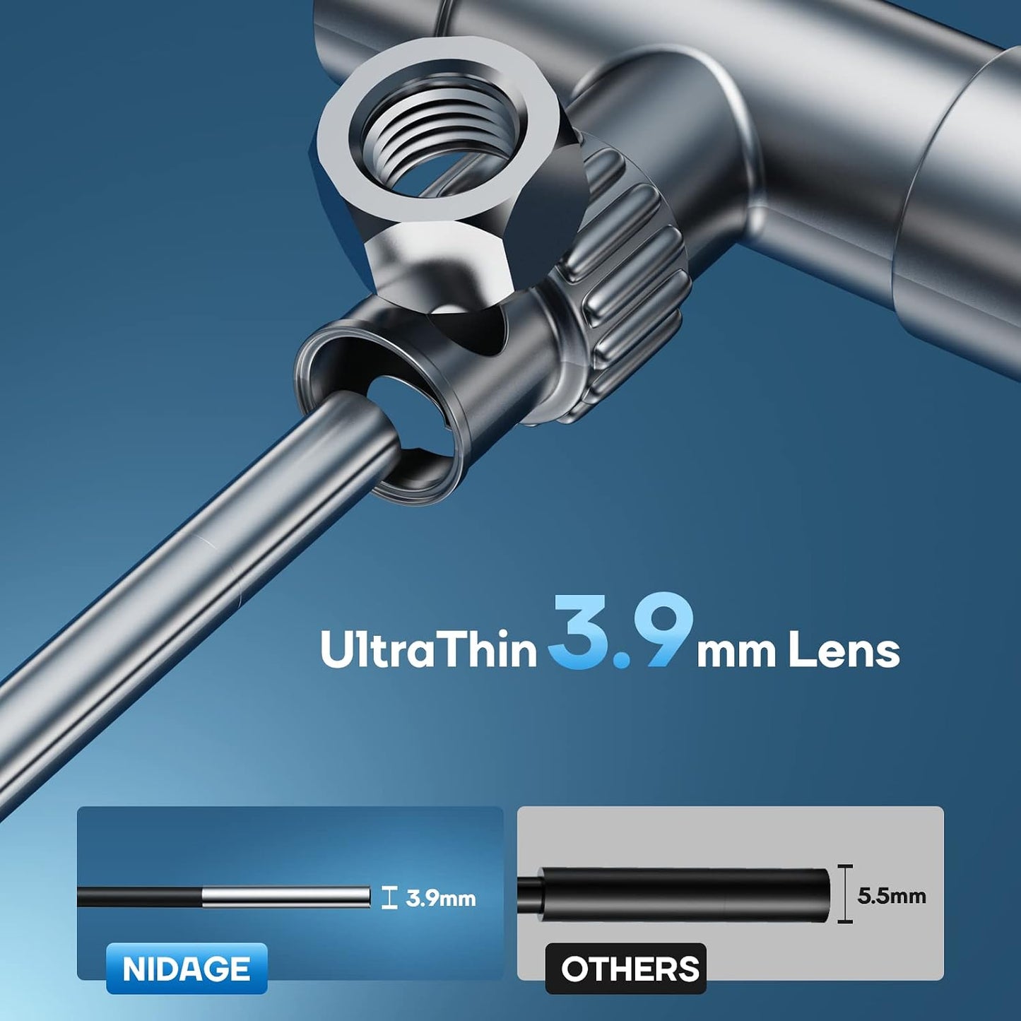 3.9mm Slim Wireless Endoscope, 2.0MP HD Inspection Camera with Light | WiFi Borescope for iPhone & Android, Tablet, 5FT Semi-Rigid Cable, IP67 Waterproof, for Engine, Mechanics, Cool Gadget Gift