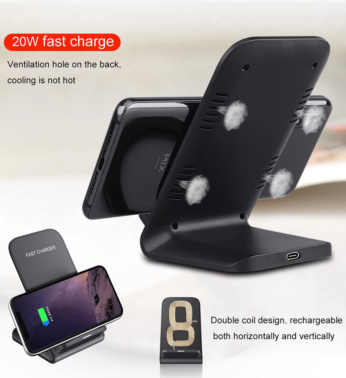 2 Pack Wireless Charging Stand, 20W Fast Charging Stand with QC3.0 Adapter for Samsung Galaxy S25/S25+/S25 Ultra/S24/S23/S22/S21/Note, for iPhone 17 Air Pro Max/16/15/14/13/12/11 Series, and More.