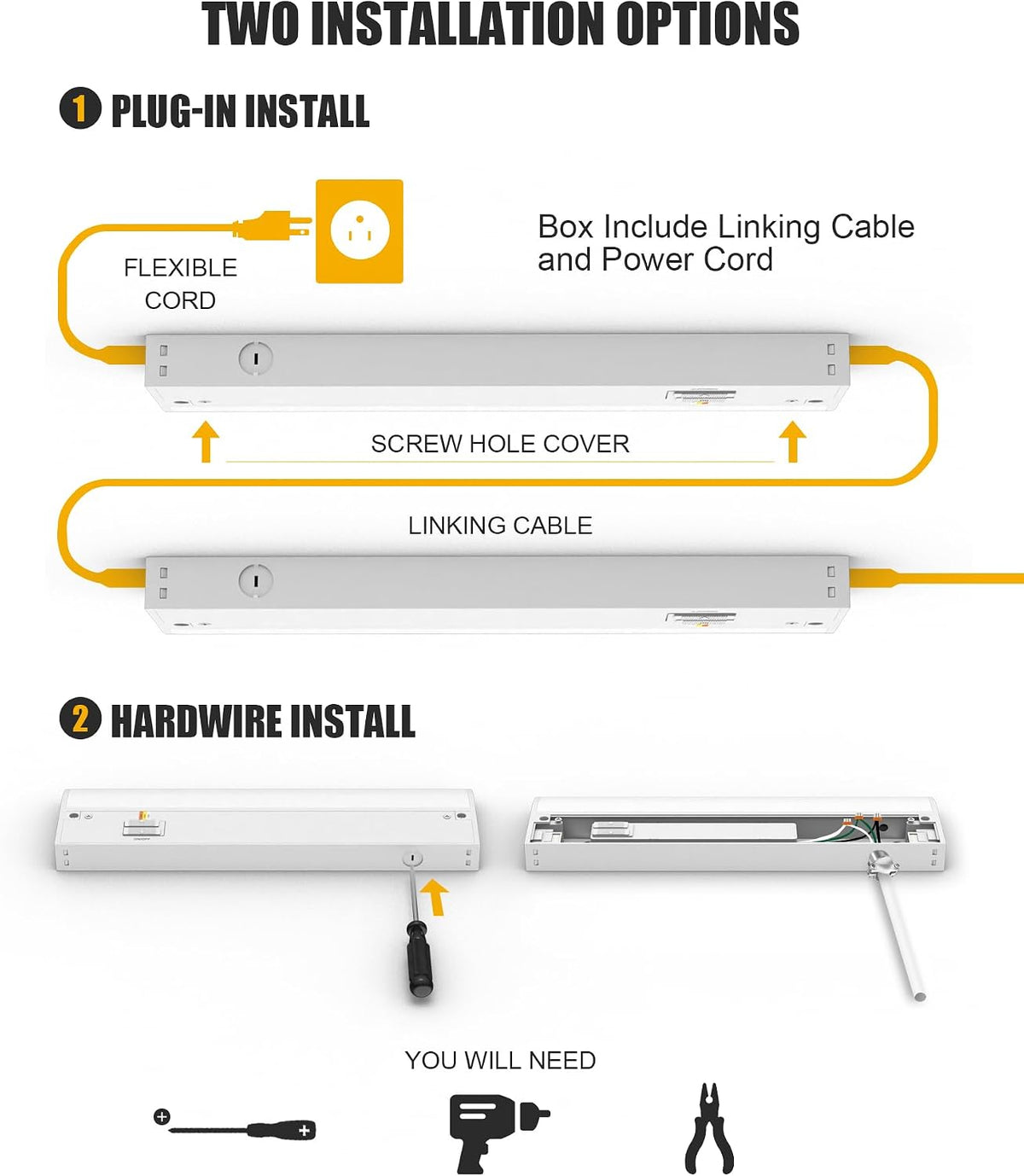 Under Cabinet Lighting with Power Cord and Linked Cord, 16 inch