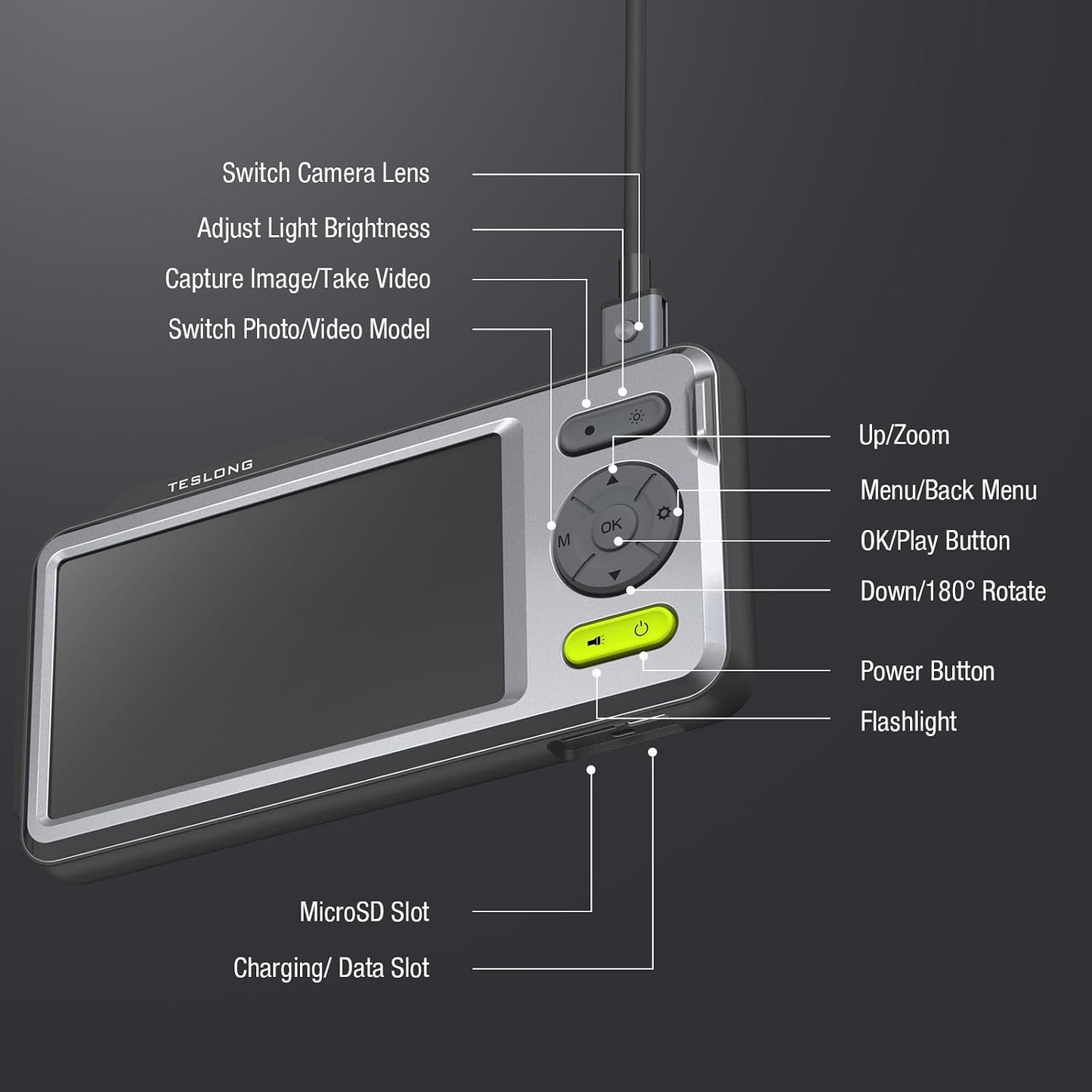 Teslong 5mm Dual Lens Borescope Camera for Home/Automotive/Pipe/Car/Wall | 5" IPS Screen Endoscope, 5FT Cable, 1.0MP HD, 8LED Lights, 32GB TF Card, IP67 Waterproof, 3500mAh Battery, Carrying Case