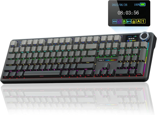 AULA F108 PRO - Wireless Mechanical Keyboard with Screen & Knob,Full Size Keyboard with 8000mAh Battery,Pre-lubed Switches,Side Printed PBT Keycaps,RGB Backlit Hot Swappable Custom Gaming Keyboards