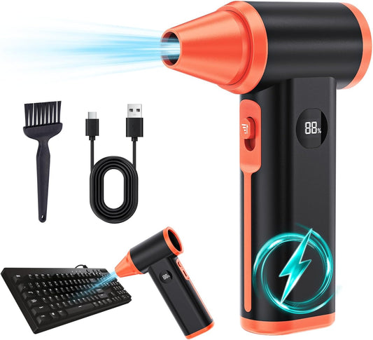 Compressed Air Duster Rechargeable Electric Air Duster for PC Keyboard Mini Dust Blower 130000RPM Cordless Air Blower Jet Dryer Turbo Fan Handheld Blower for Car Home Office, Black-Orange