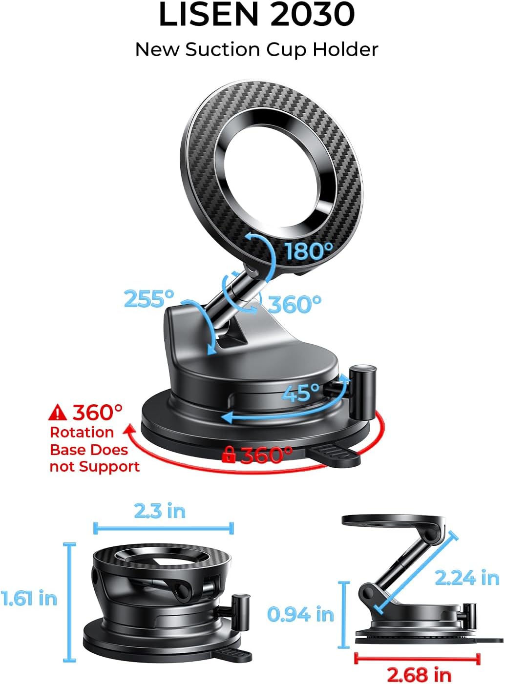 LISEN for Magsafe Car Mount, Magnetic Phone Holders for Your Car Vacuum, Phone Mount for Car Accessories for Women Men Jeep BMW, Suction Holder Kits, for iPhone 17 Pro Max 16 15 14 13 12,Carbon Fiber