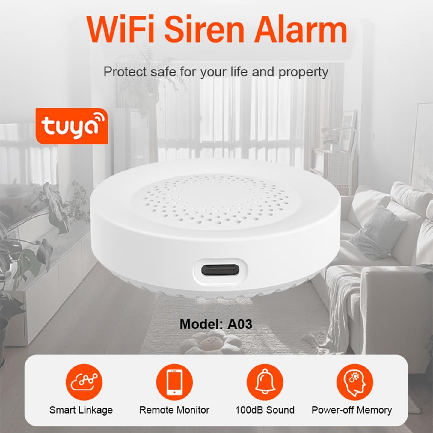 WiFi Siren Alarm: Wireless Burglar Alarm for Home Security and Smart Home Automation, 100dB Sounder, Tuya App Control, No Hub Required, Compatible with Alexa, Google Assistant