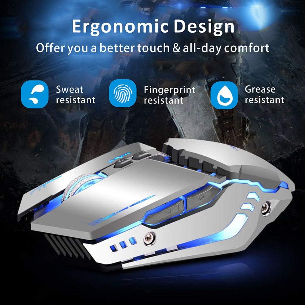 TENMOS T12 Wireless Gaming Mouse, Silent Rechargeable Computer Mice-Silver | 2.4GHz Optical, 7 Color LED Lights, Quiet Click,Side Buttons,3 Adjustable DPI,Ergonomic Design, Nano Receiver,USB C Charging