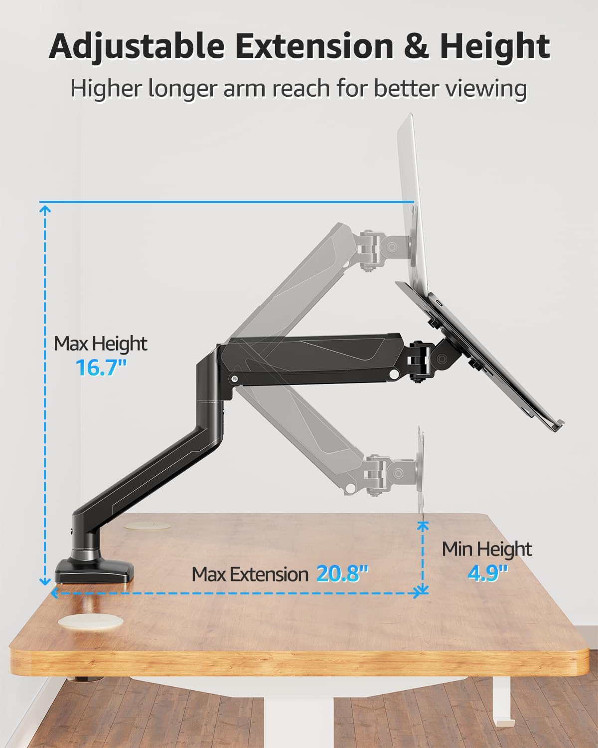MOUNTUP Laptop Stand for Desk, Adjustable Aluminum Laptops Arm Mount for 14-17 Inch Notebook & 32" Monitor, Laptops Arm for Desk Support for 2.2-19.8lbs, 2-in-1 Laptop Desk Mount with Clamp/Grommet