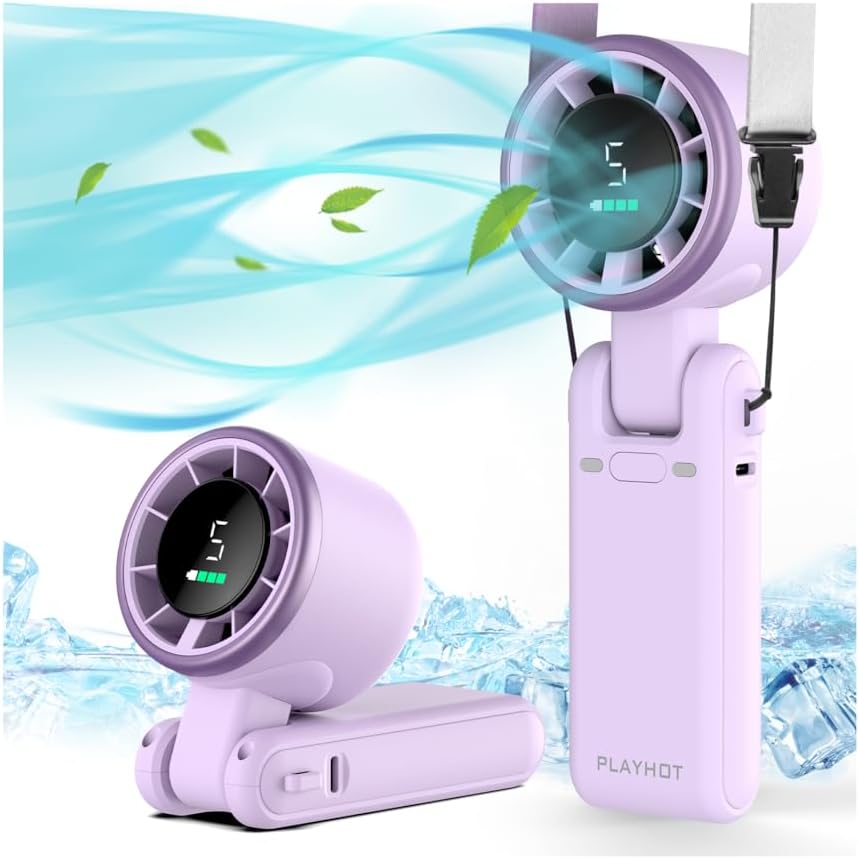 PlayHot Portable Handheld Turbo Fan, Travel Essentials, Gifts for Women/Men | 5-Speed, Up to 12H, 10m/s Airflow, USB-C Rechargeable, LED Display, 3-in-1 Foldable Personal Fan for Cruise, Beach, Vacation