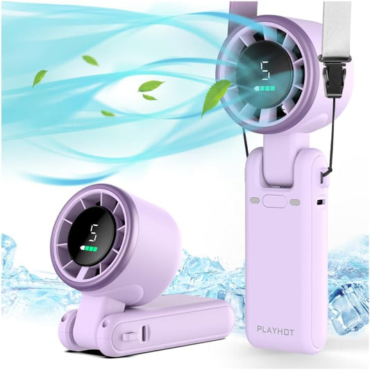 PlayHot Portable Handheld Turbo Fan, Travel Essentials, Gifts for Women/Men | 5-Speed, Up to 12H, 10m/s Airflow, USB-C Rechargeable, LED Display, 3-in-1 Foldable Personal Fan for Cruise, Beach, Vacation