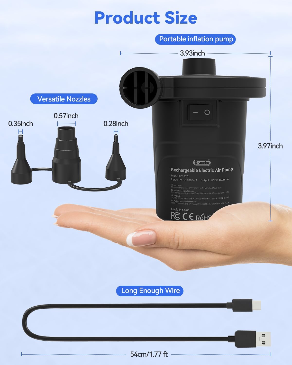 Dr.Meter 4000mAh Rechargeable Air Pump for Inflatables Ultra Fast Inflator | Portable Quick-Fill Inflate/Deflate Air Mattress Pump for Outdoor Camping Inflatable Pool Float Boat Raft Swim Ring Airbed