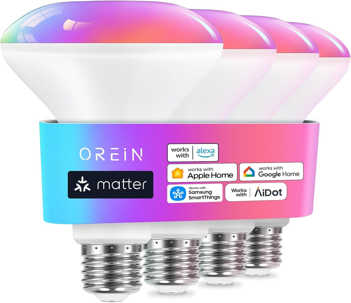 OREiN Matter BR30 Smart Light Bulbs, 60W 650lm RGBTW Color Changing, 4 Pack