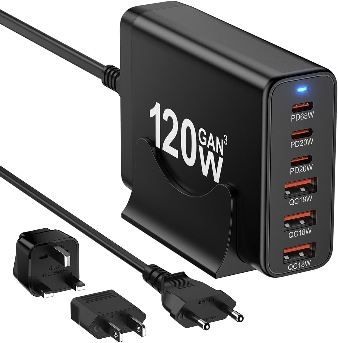 European USB C Charger Station Fast Charging Hub Europe Travel Power Plug | Multiple 6 Multi Port,120W GaN PD QC Block,EU UK US Adapter for Apple iPhone Samsung Pixel,65W Laptop MacBook Pro Air Surface