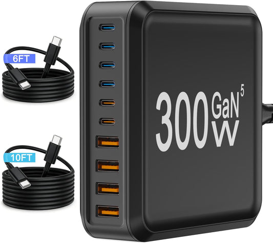 USB Charger Station,10 Port USB C Charger Block with 6FT/10FT Cables,300W GaN Type C Charging Hub iPhone Charger Fast Charging for iPhone 17 16 15 Pro Max Plus,Galaxy S25 S24 S23,iPad Pro/Air,Tablet