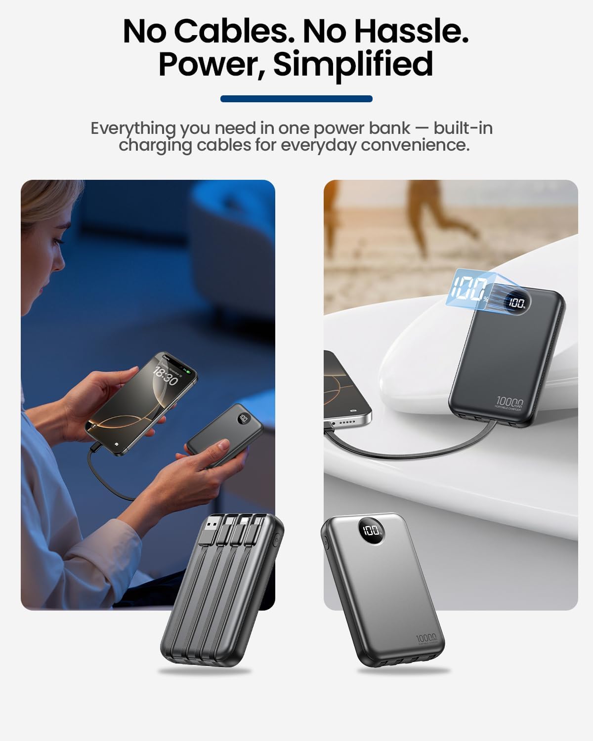 Portable Charger 10000mAh with 4 Built-in Cables 40% Smaller | Power Bank Fast Charging Battery Pack,LED Display Compact with Travel Charger for iPhone Other Devices-Black
