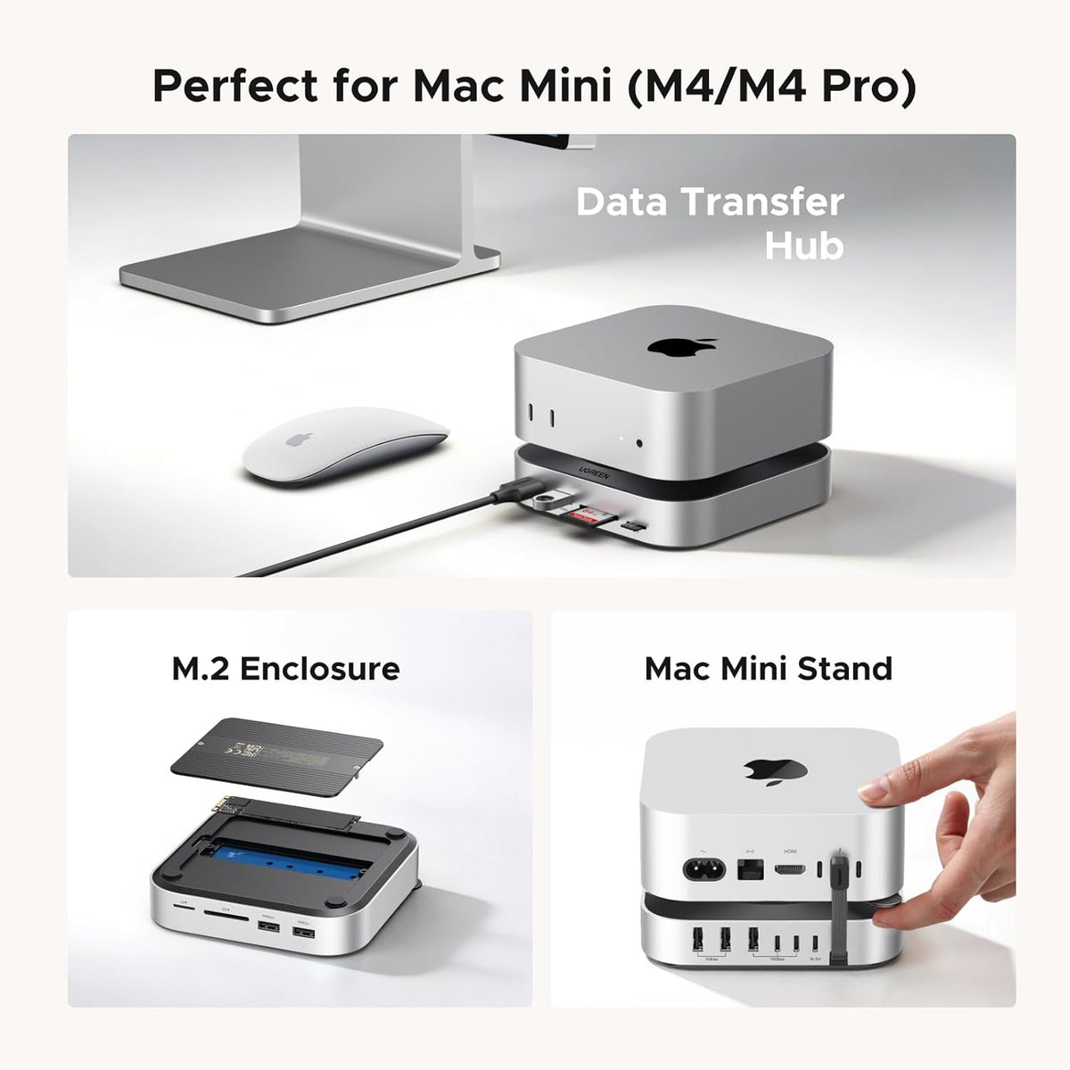 UGREEN Mac mini M4 Dock & Stand with NVMe SSD Enclosure | 3 USB A 10Gbps, USB C Data Port, SD Card Reader for Mac mini M4/ M4 Pro