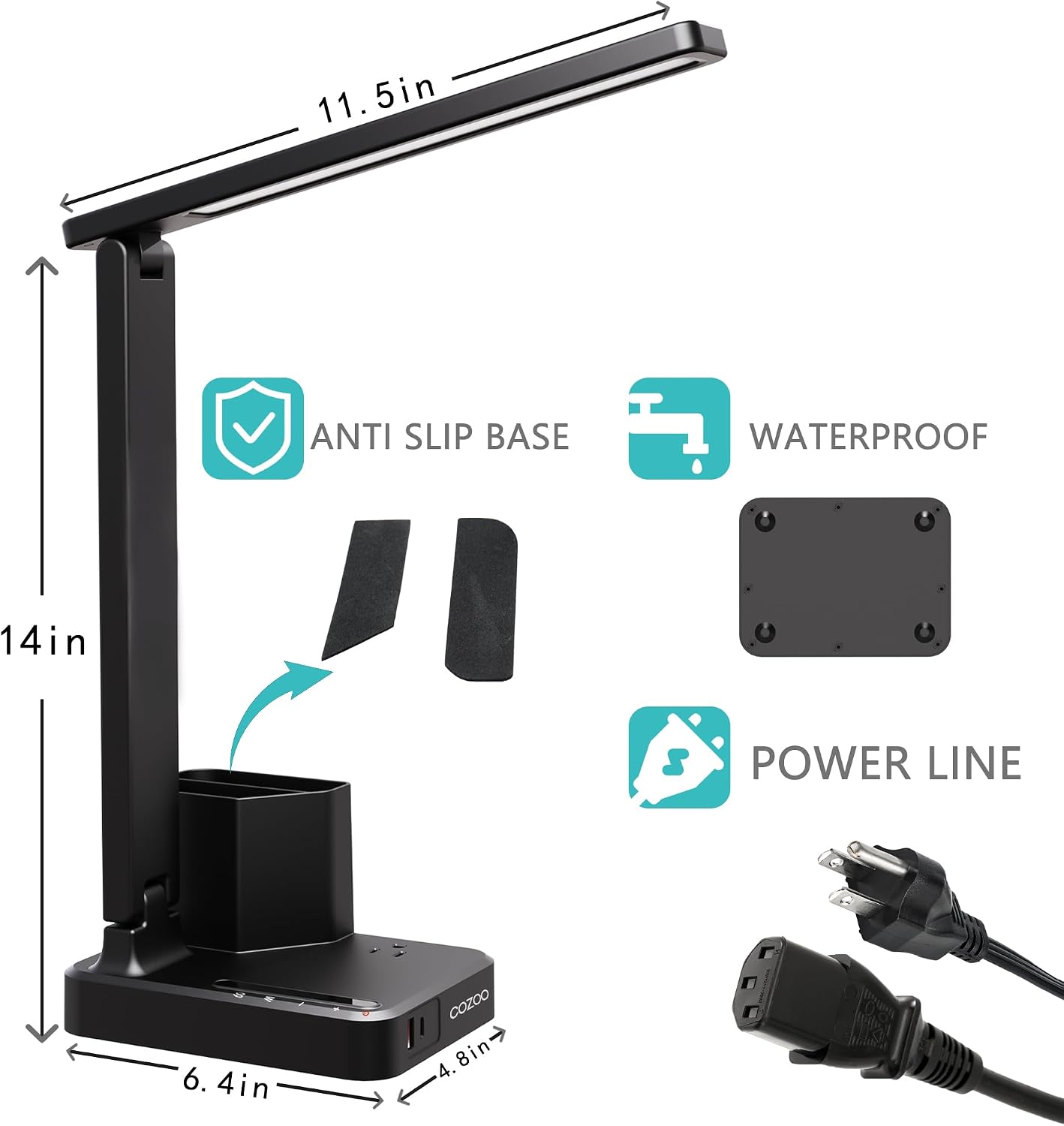 LED Desk Lamp USB A/C AC Pen Holder Dorm Home Office Desk Light Black | Adjustable LED Desk Light with USB A/C, AC Outlet, Pen Holder; Small Desk Lamp for Dorm, Study, Craft & Home Office
