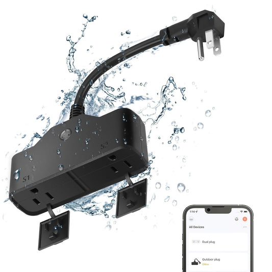 Electric Smart Outdoor Plug, Waterproof Outlet with 2 Sockets, Compatible with Alexa and Google Home, 2.4 GHZ Wi-Fi Only, App Control, Voice Control, Timer, Black