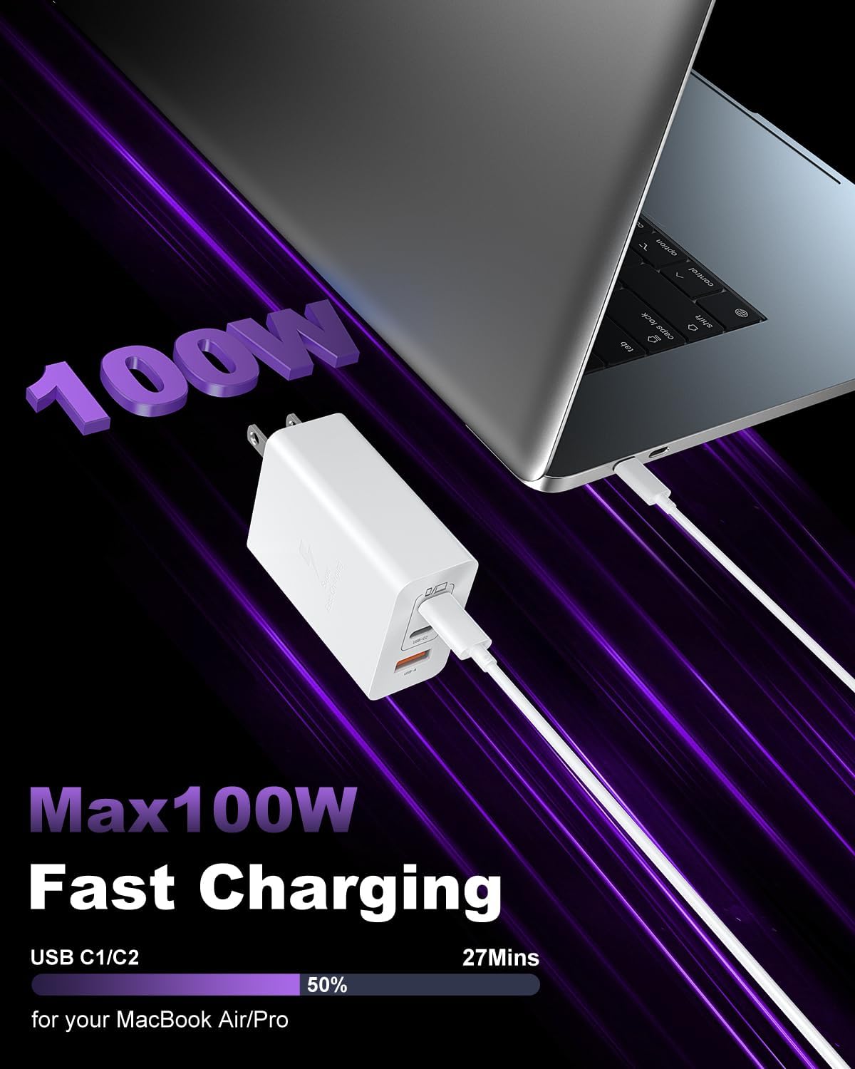 USB C Charger Block 100W, 3-Port GaN Super Fast Phone Charger for Samsung, Type C 65W Laptop Chargers with 10ft USB C Charging Cable for MacBook Pro/Air,iPad Pro, iPhone 17/16, S26 Ultra/S25[2 Pack]