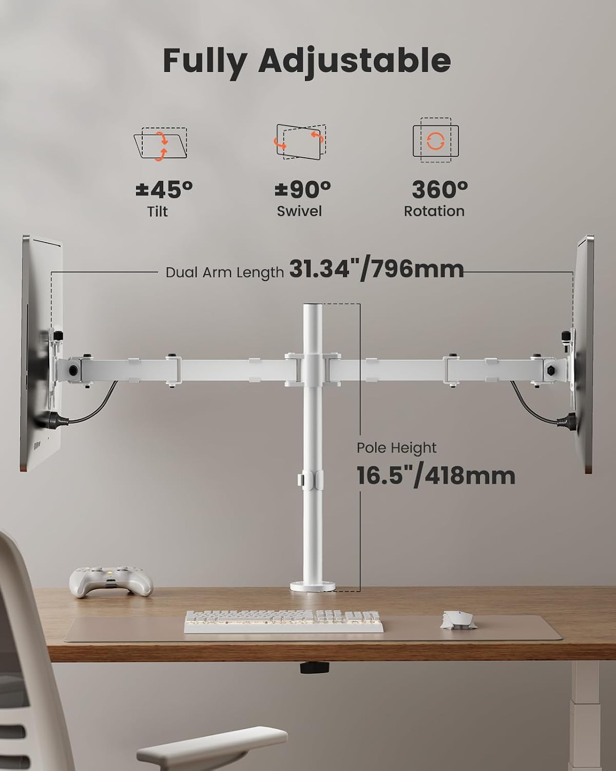 ErGear Fully Adjustable Dual Monitor Mount for 2 Screens up to 32 Inches, Holds up to 17.6 lbs Each Arm, Desk Stand, White