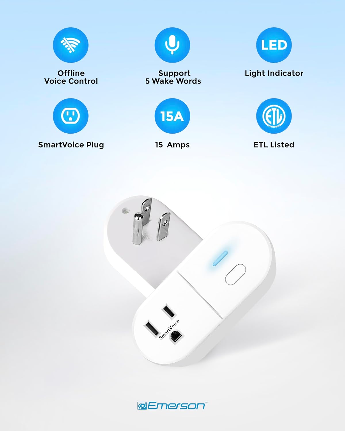 Emerson SmartVoice Smart Wall Plug, Single Outlet Voice Control, No WiFi or App, Hands-Free Control, Sleep & Wake Timer, ETL Listed