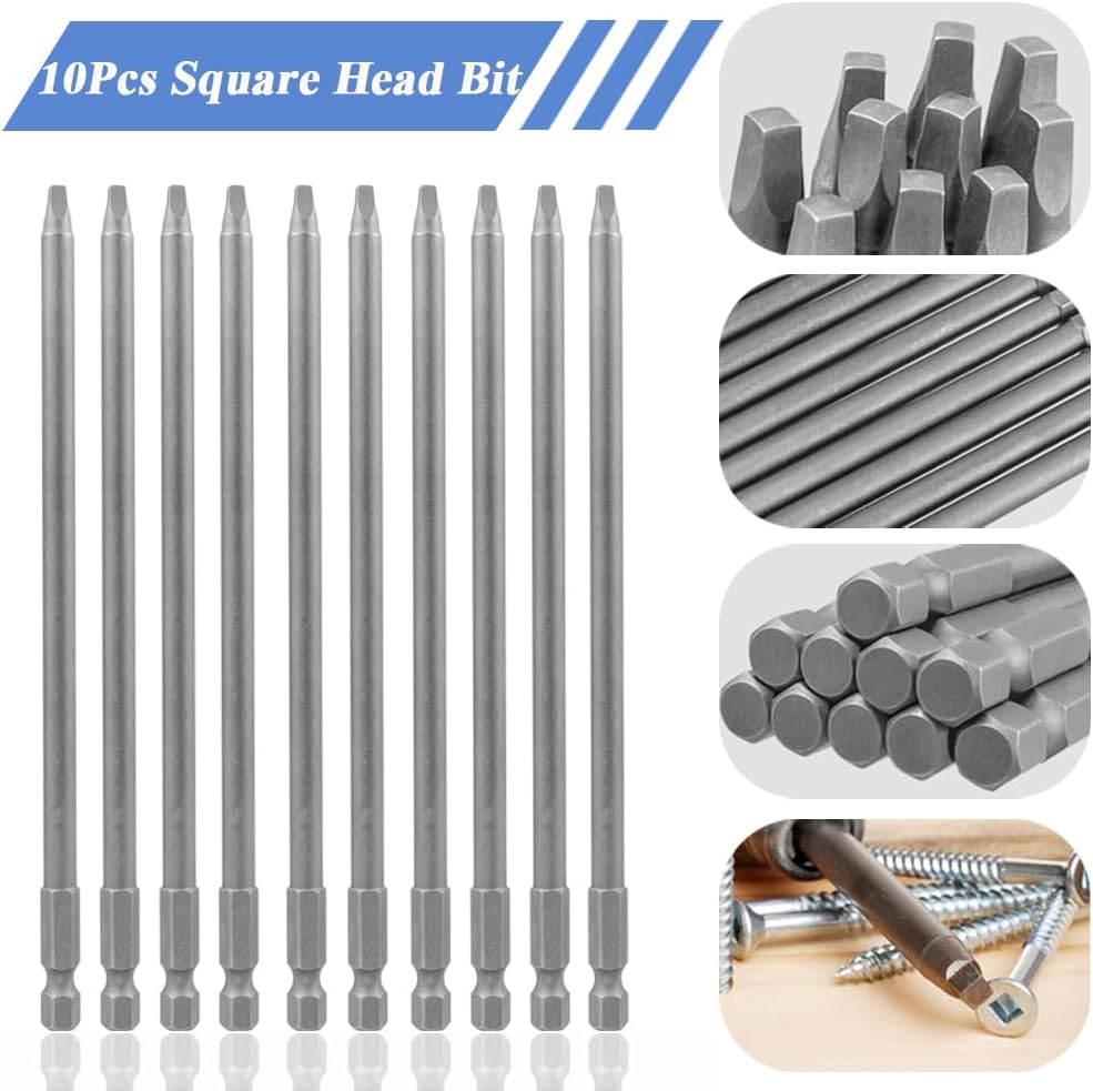 Wolfride 10pcs Square Head Bits #2 Square Drive Bit Set 1/4-Inch Shank Tip Bit #2 Long Magnetic Square Head Screwdriver Bits 5.9 Inch Length