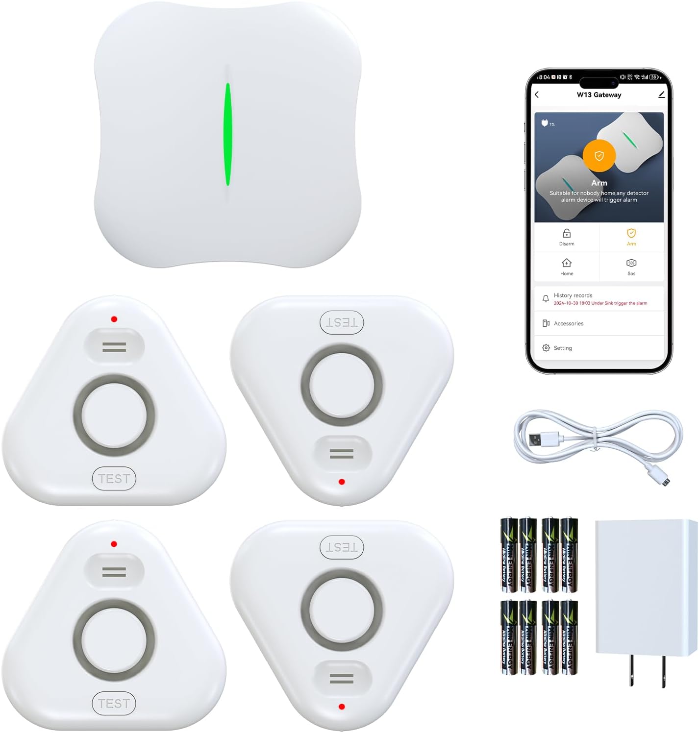 Smart Water Leak Detectors for Home WiFi with App Alerts, Stechro Ajustable 120dB Water Sensor Alarm Leak Detector for Basements Sink Kitchen Laundry, 4 Water Sensors & 1 Gateway
