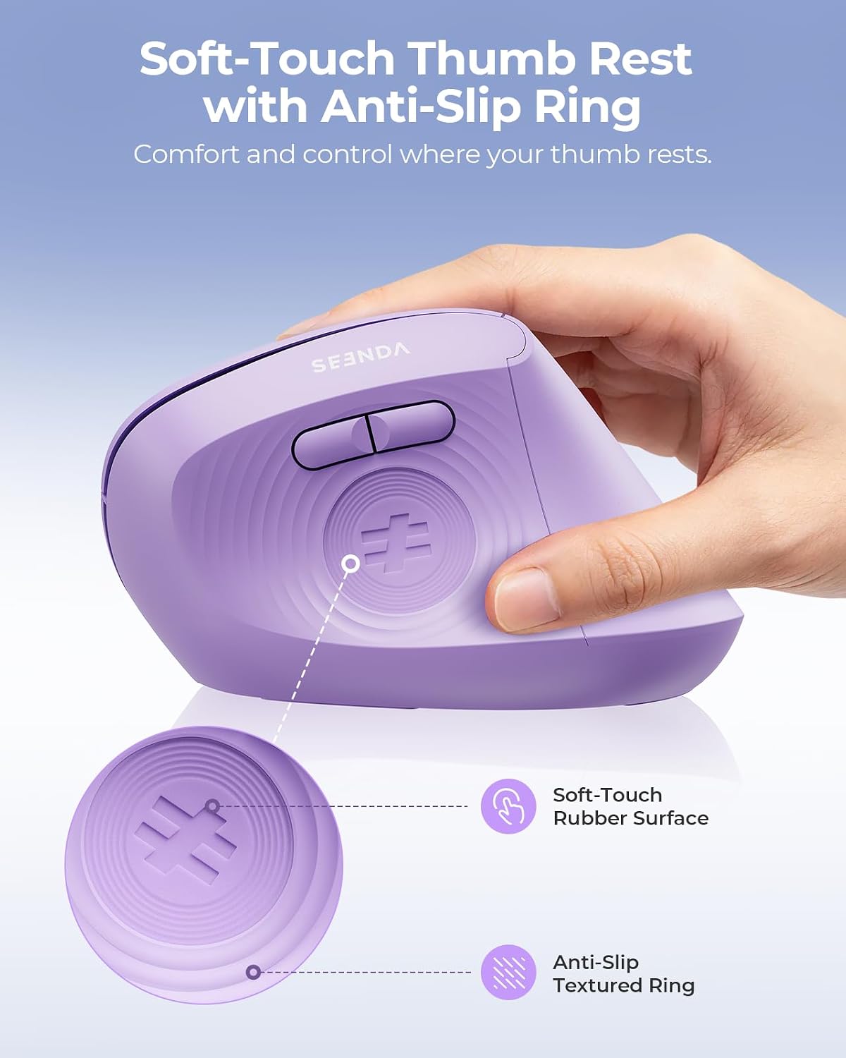 seenda Ergonomic Wireless Mouse, 52° Vertical Bluetooth Mouse, Purple
