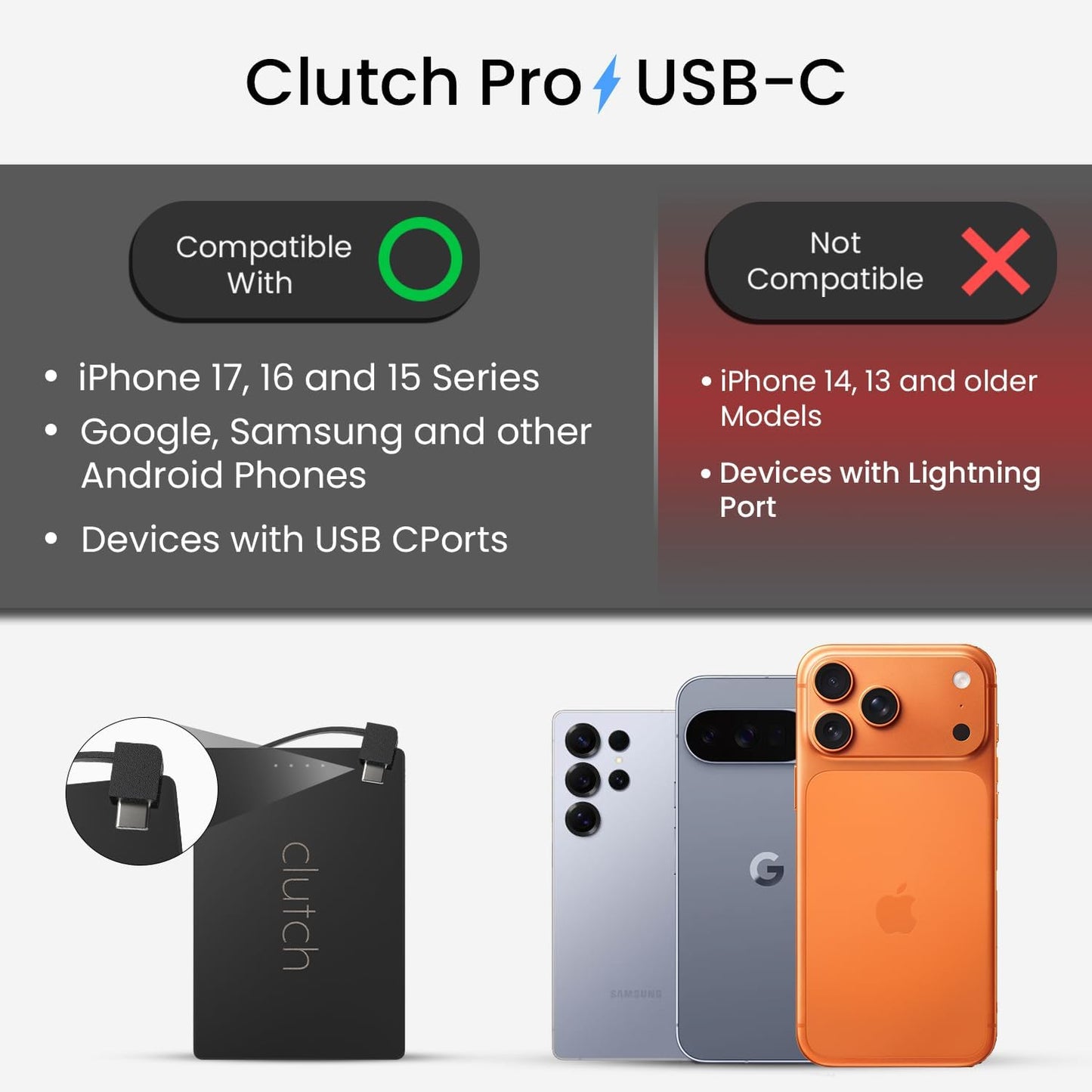 Clutch Pro – World's Thinnest Portable Charger – USB-C Power Bank 5000mAh – Magnetic Built-in Cable – TSA Approved Travel Charger – iPhone 15/16/17 & Android – Black